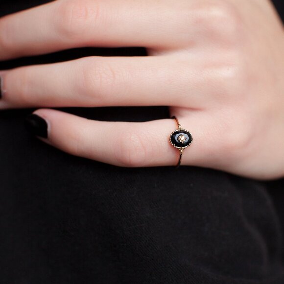 Black Agate Gold Signet Ring, Gold Vermeil Rings, Stackable Gold Ring - Picture 4 of 10